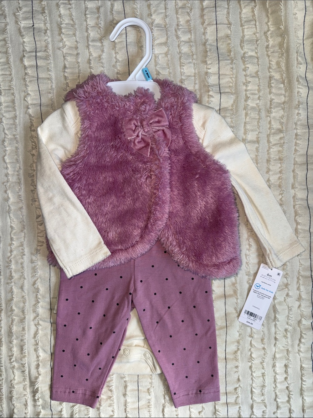 Carter's Mauve Faux-Fur Vest, Cream Bodysuit & Mauve Polka-Dot Leggings Set